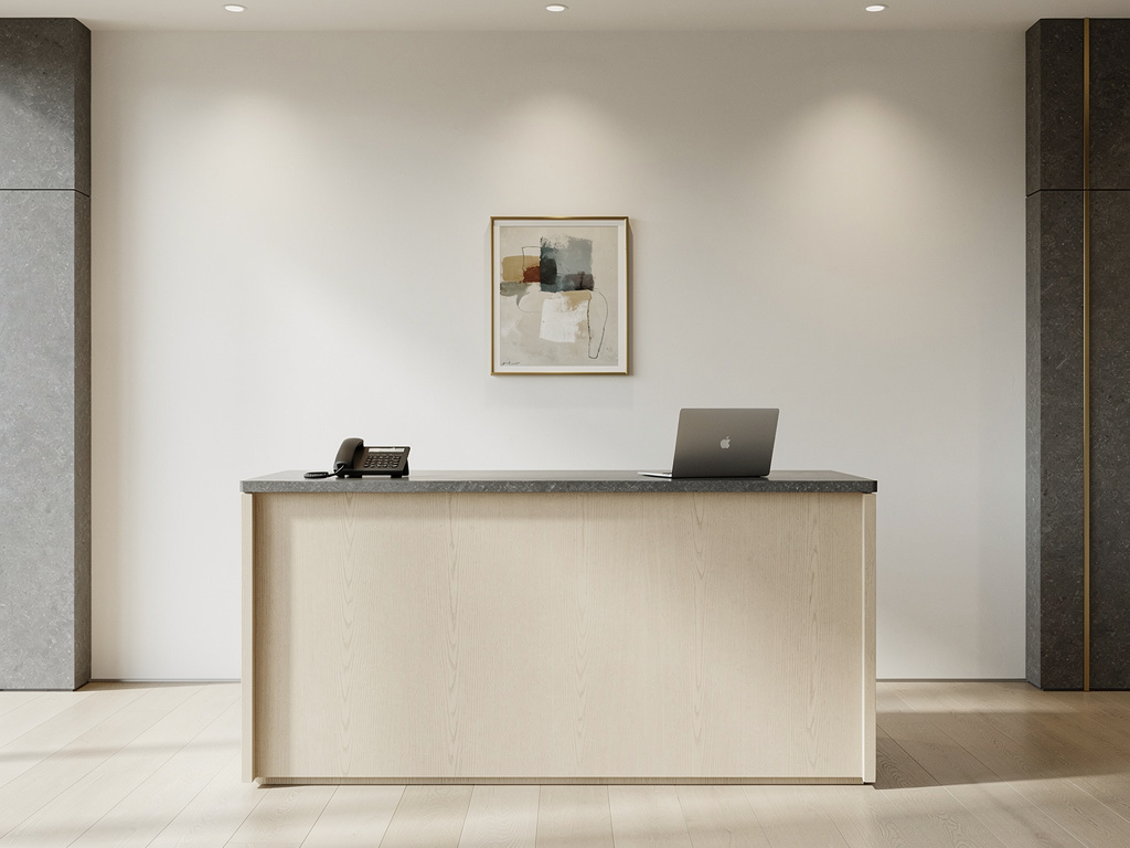 A minimalist reception desk in pale oak with a laptop, a phone and a small framed artwork behind it, softly lit and empt