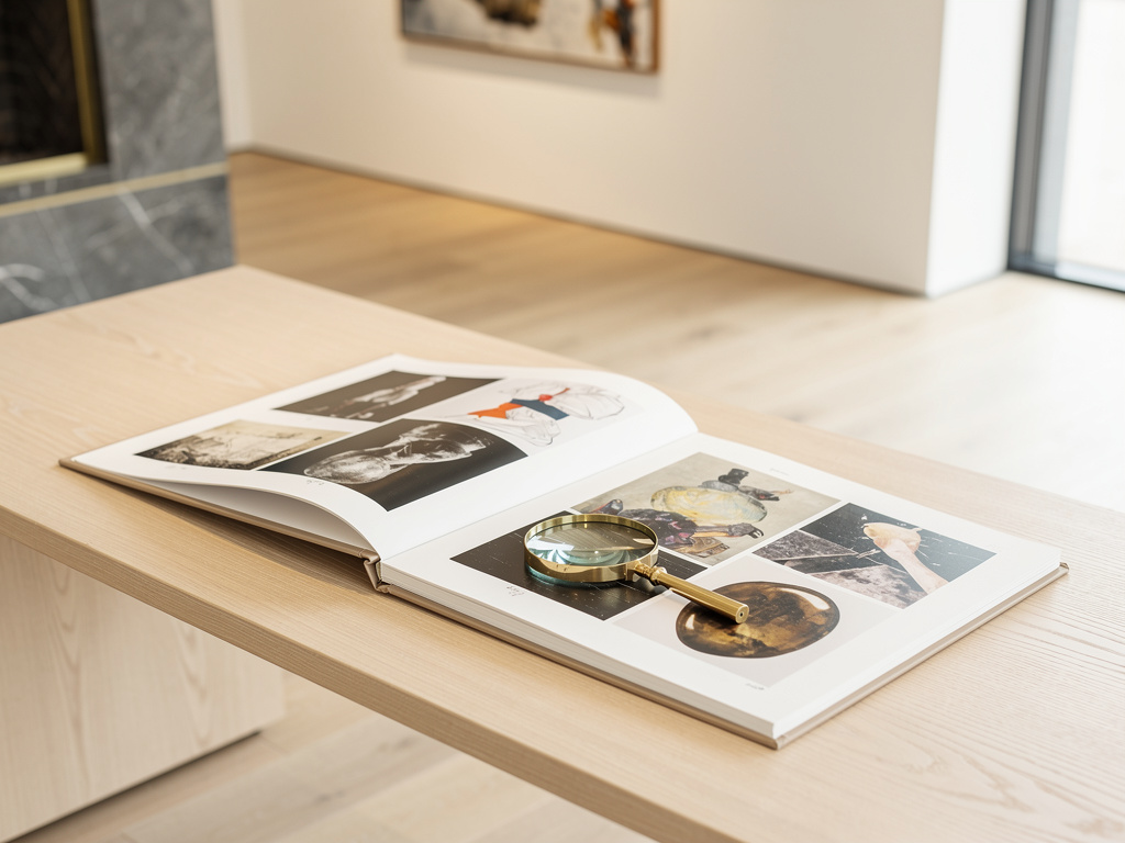 An open portfolio of artwork prints and a brass magnifier resting on an oak desk.