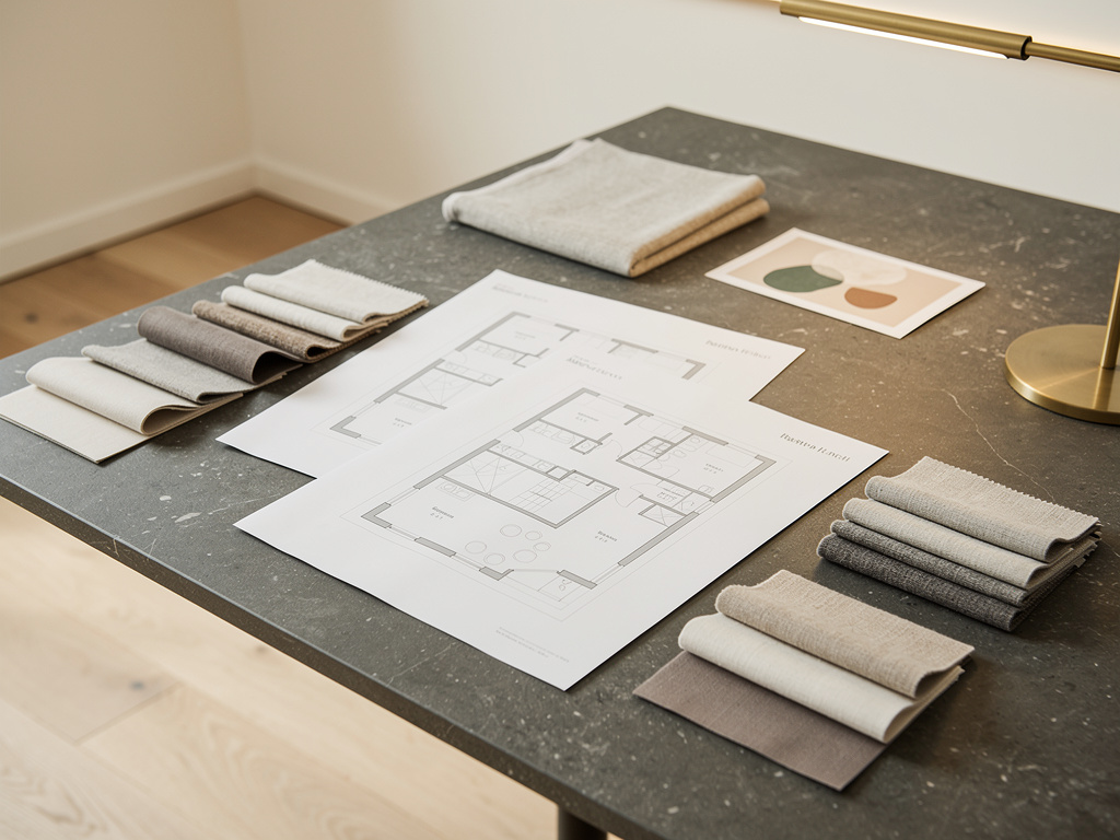 Architectural floor plans spread beside fabric swatches and small art prints on a graphite worktop.