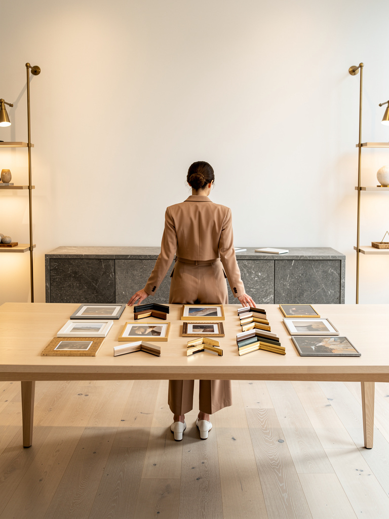A consultant seen from behind arranges small artwork samples and frame corners on a long oak table in a quiet studio.